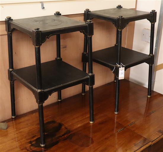 A pair of Regency style gilt and ebonised printed two tier tables W.36cm